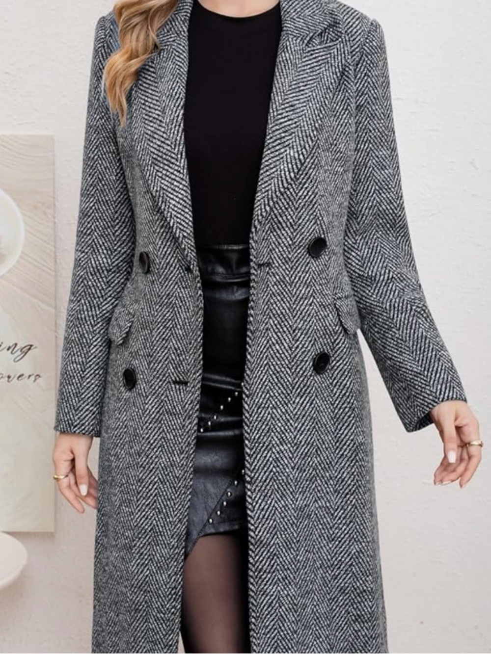 Chouyatou - Women's Winter Casual Herringbone Wool Coat Double Breasted - LARGE